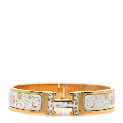 Hermes Enamel Printed Narrow Leopards Clic Clac H Bracelet PM Jaune Or White 1 of 6
