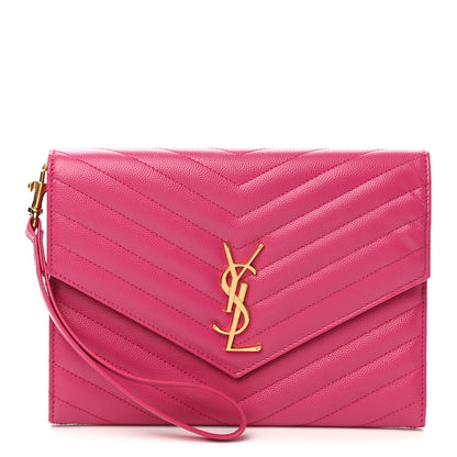 Saint Laurent Grain De Poudre Matelasse Chevron Monogram Envelope Clutch Fuxia Couture 1 of 9