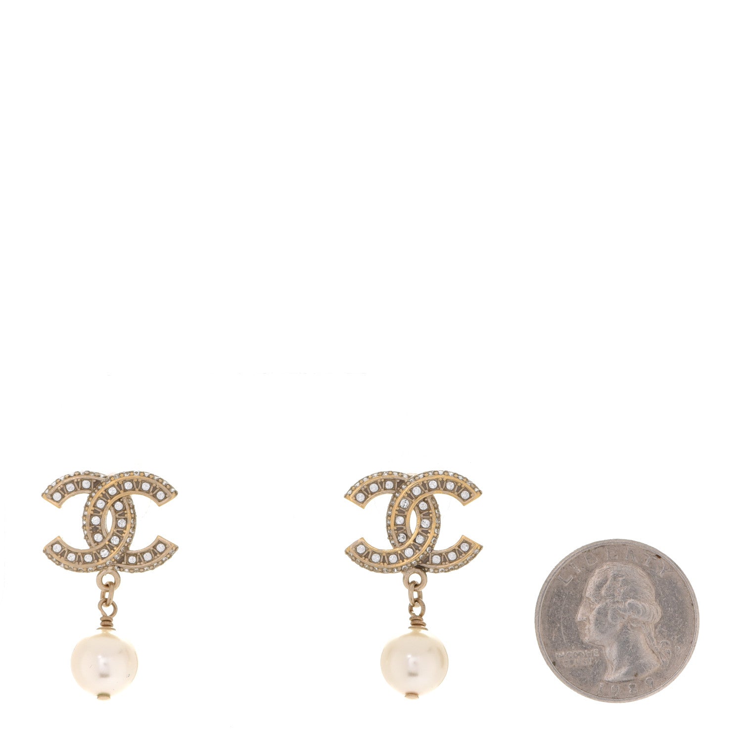 Chanel Crystal Pearl CC Drop Earrings Gold 2 of 5