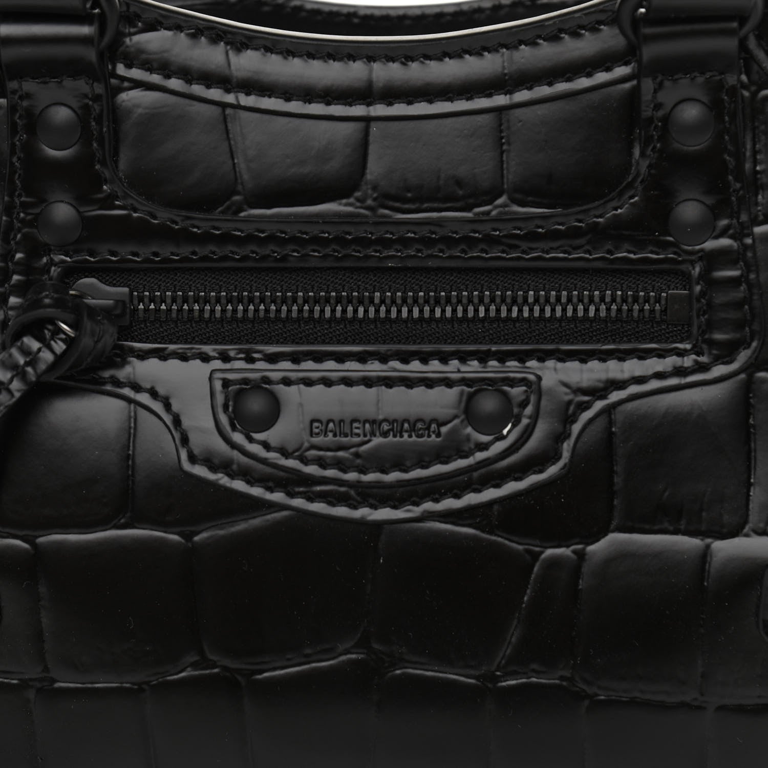 Balenciaga Semi Shiny Calfskin Crocodile Embossed Neo Classic Black Hardware Mini City Black 8 of 9