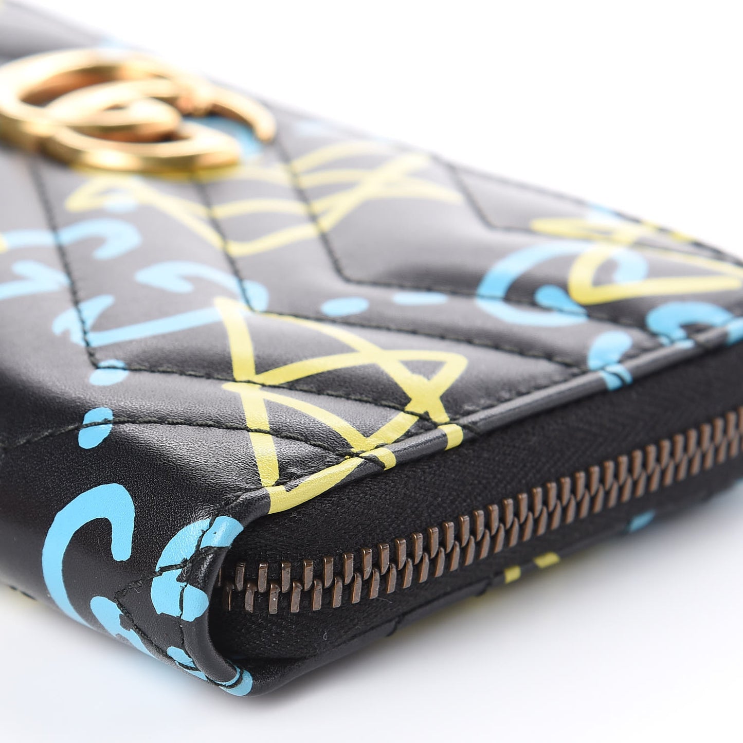 Calfskin Matelasse GucciGhost GG Marmont Zip Around Wallet Black New Acquamarine