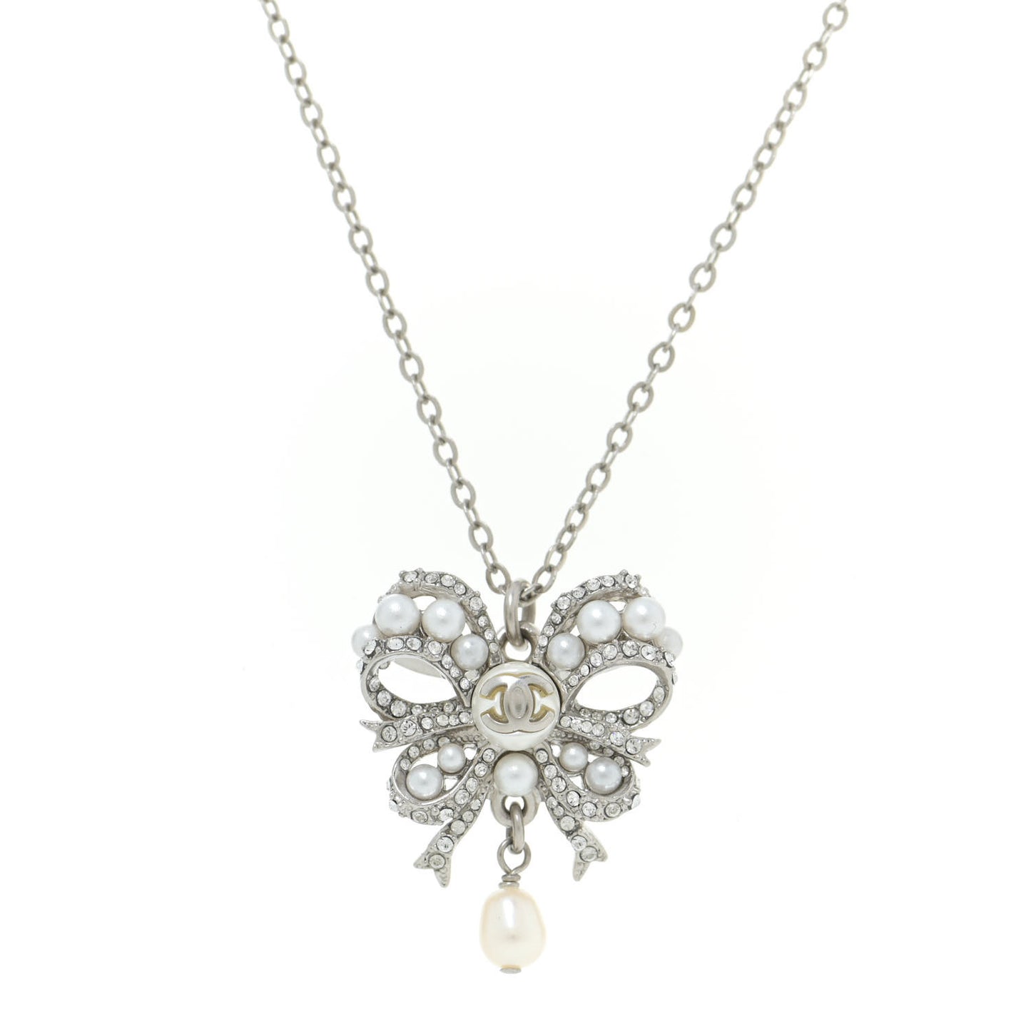 Crystal Pearl CC Bow Long Necklace Silver