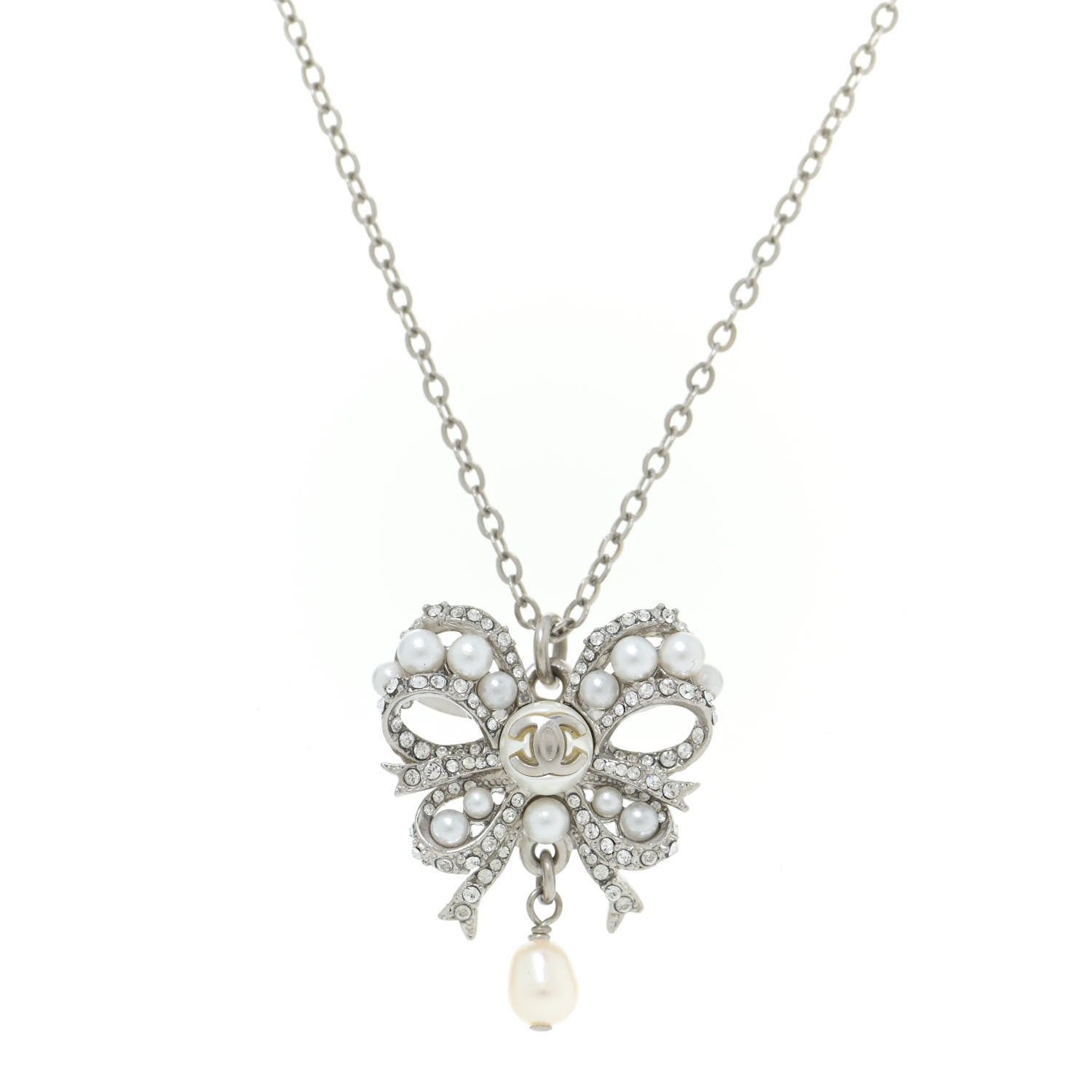 Chanel Crystal Pearl CC Bow Long Necklace Silver 4 of 6