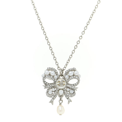 Chanel Crystal Pearl CC Bow Long Necklace Silver 4 of 6