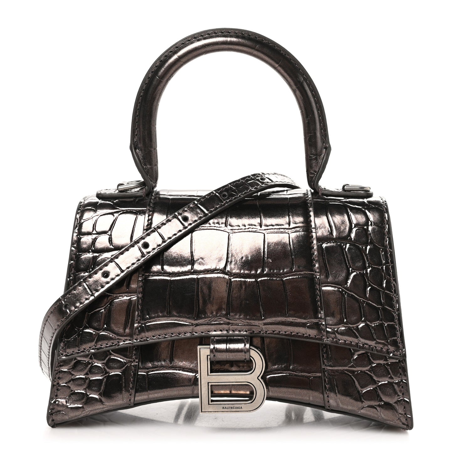 Metallic Shiny Calfskin Crocodile Embossed Hourglass Top Handle Bag XS Dark Bronze