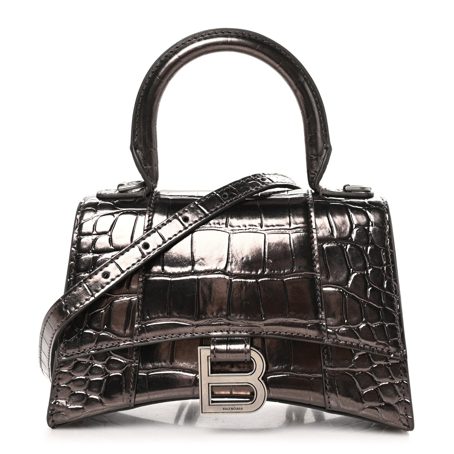 Balenciaga Metallic Shiny Calfskin Crocodile Embossed Hourglass Top Handle Bag XS Dark Bronze 1 of 12