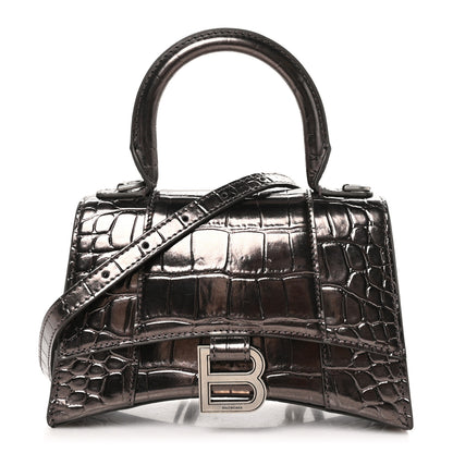 Balenciaga Metallic Shiny Calfskin Crocodile Embossed Hourglass Top Handle Bag XS Dark Bronze 1 of 12