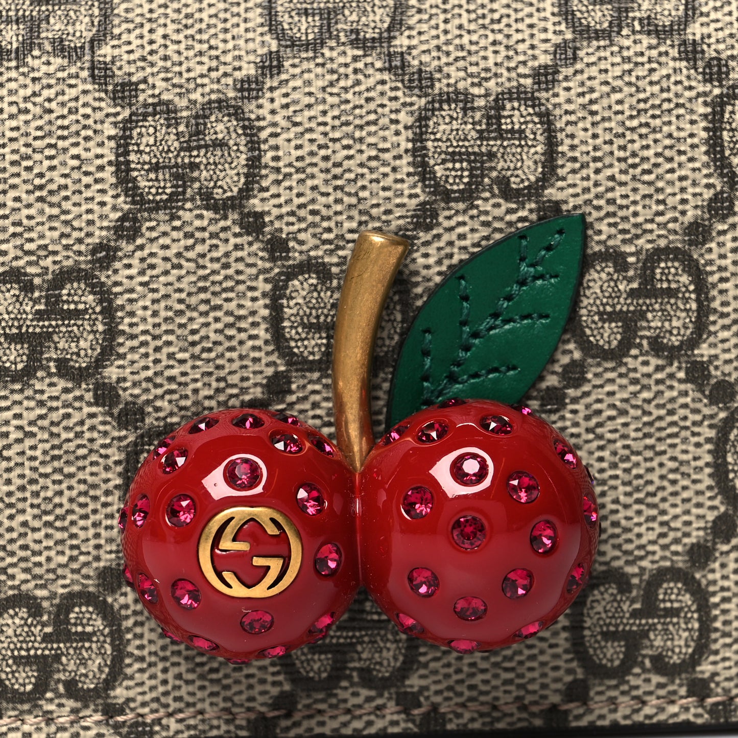 GG Supreme Monogram Cherry Embellished Card Case Wallet Hibiscus Red