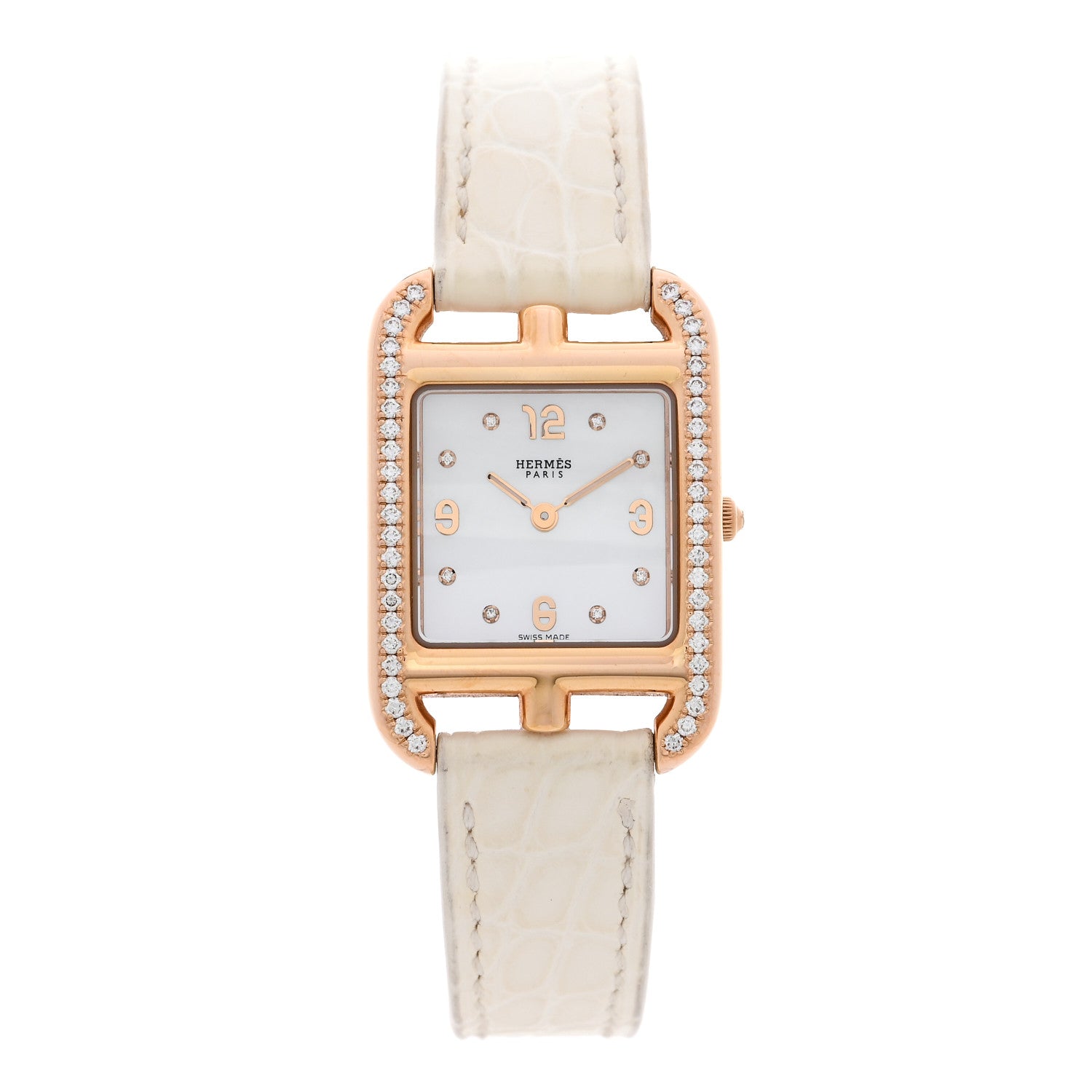 Hermes 18K Yellow Gold Alligator Diamond Bezel Mother of Pearl 23mm Cape Cod Quartz Watch Craie 1 of 5