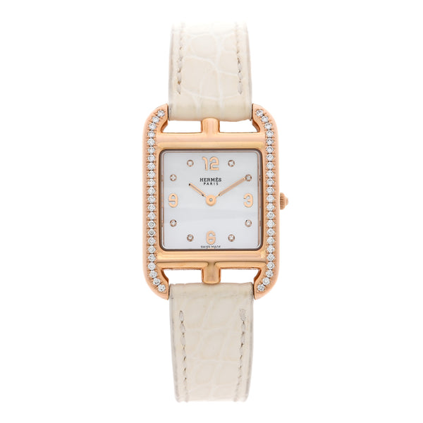 Hermes 18K Yellow Gold Alligator Diamond Bezel Mother of Pearl