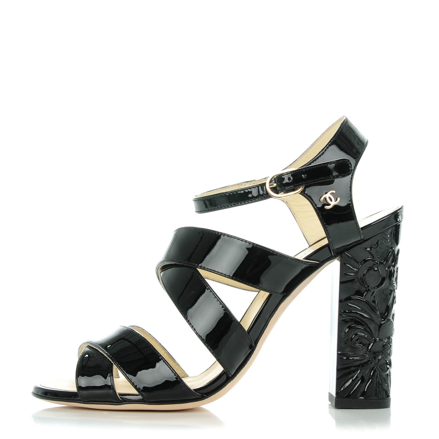 Chanel Patent Calfskin Camellia Embossed Sandals 38.5 Black 1 of 8