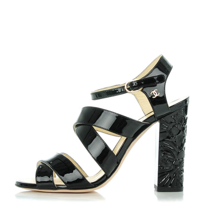 Chanel Patent Calfskin Camellia Embossed Sandals 38.5 Black 1 of 8