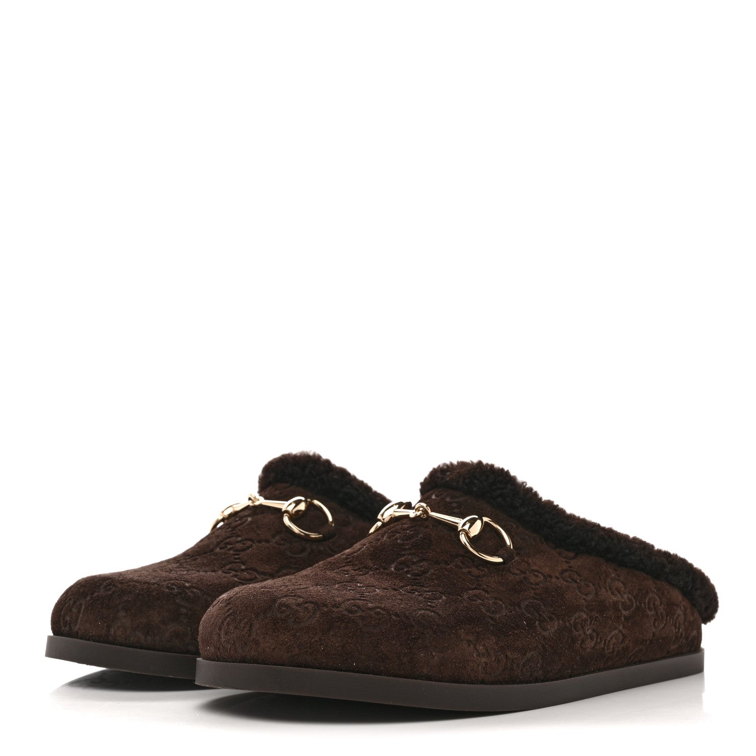 Gucci Suede GG Debossed Shearling Womens Horsebit Mules 36 Dark Brown 4 of 8