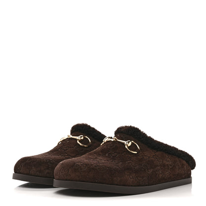 Gucci Suede GG Debossed Shearling Womens Horsebit Mules 36 Dark Brown 4 of 8