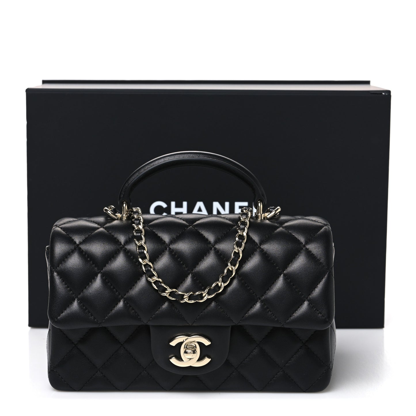 Lambskin Quilted Mini Top Handle Rectangular Flap Black