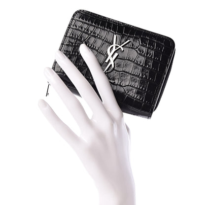 Saint Laurent Calfskin Crocodile Embossed Monogram Compact Wallet Black 2 of 7