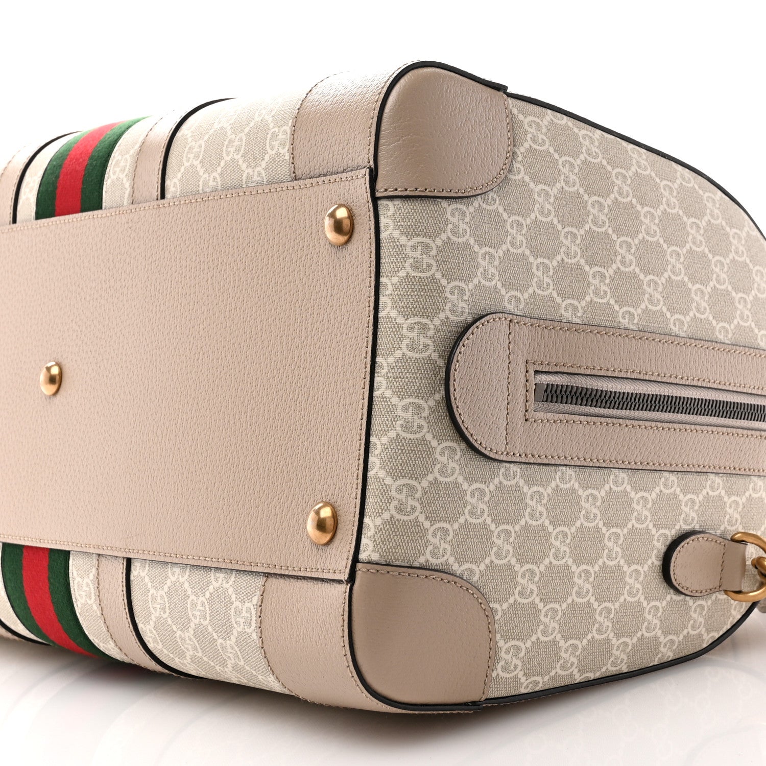 Gucci GG Supreme Monogram Textured Dollar Calfskin Web Medium Savoy Duffle Bag Beige Mystic White Oatmeal 9 of 9