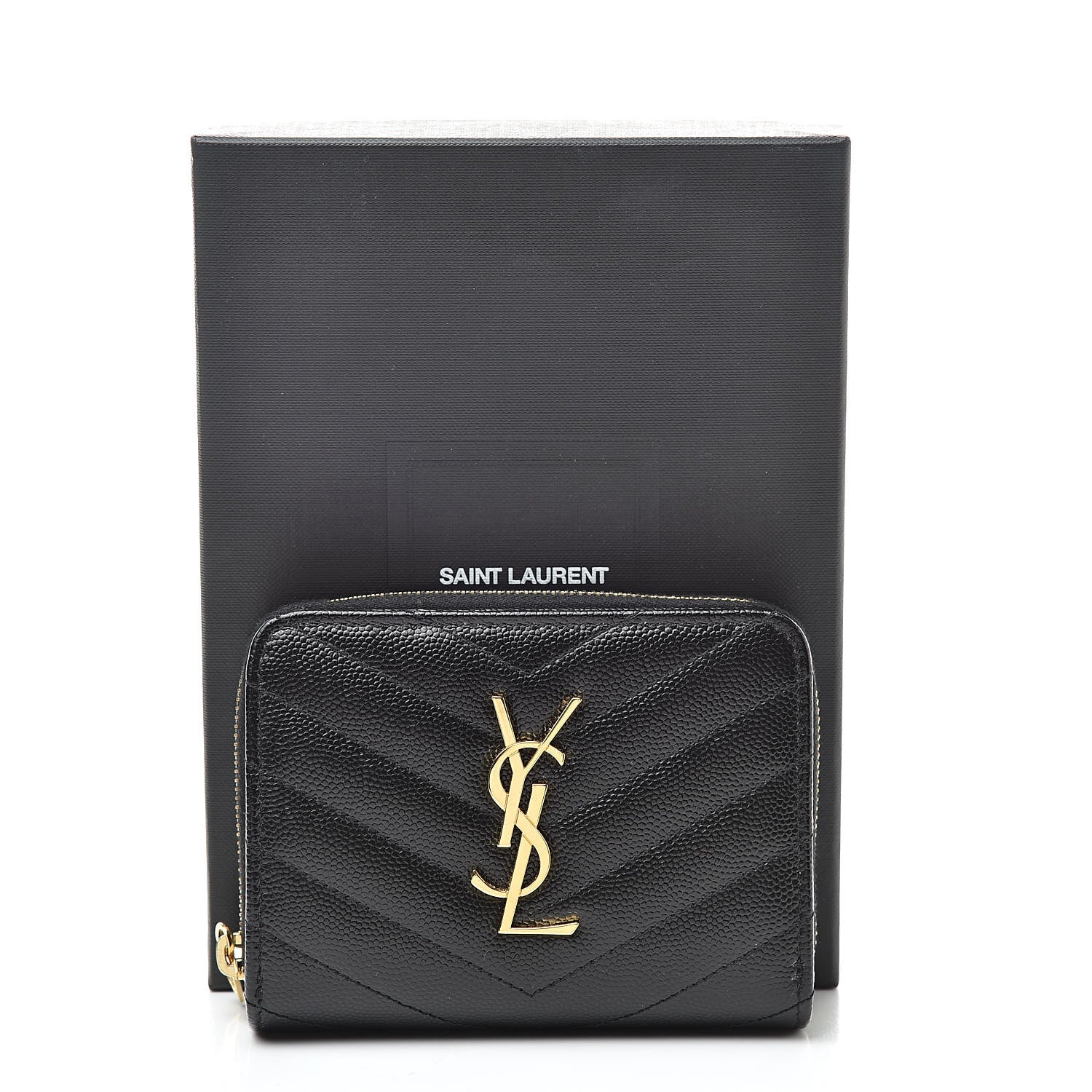 Saint Laurent Grain De Poudre Matelasse Chevron Monogram Compact Zip Around Wallet Black 9 of 9