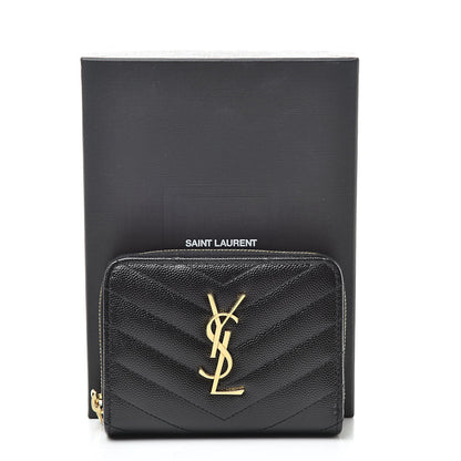 Saint Laurent Grain De Poudre Matelasse Chevron Monogram Compact Zip Around Wallet Black 9 of 9