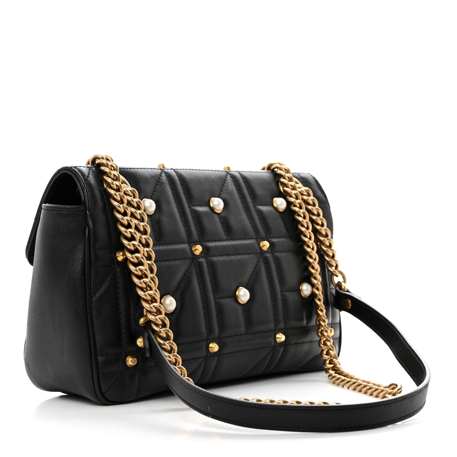 Gucci Calfskin Matelasse Studded Small Pearly GG Marmont Shoulder Bag Black 2 of 11