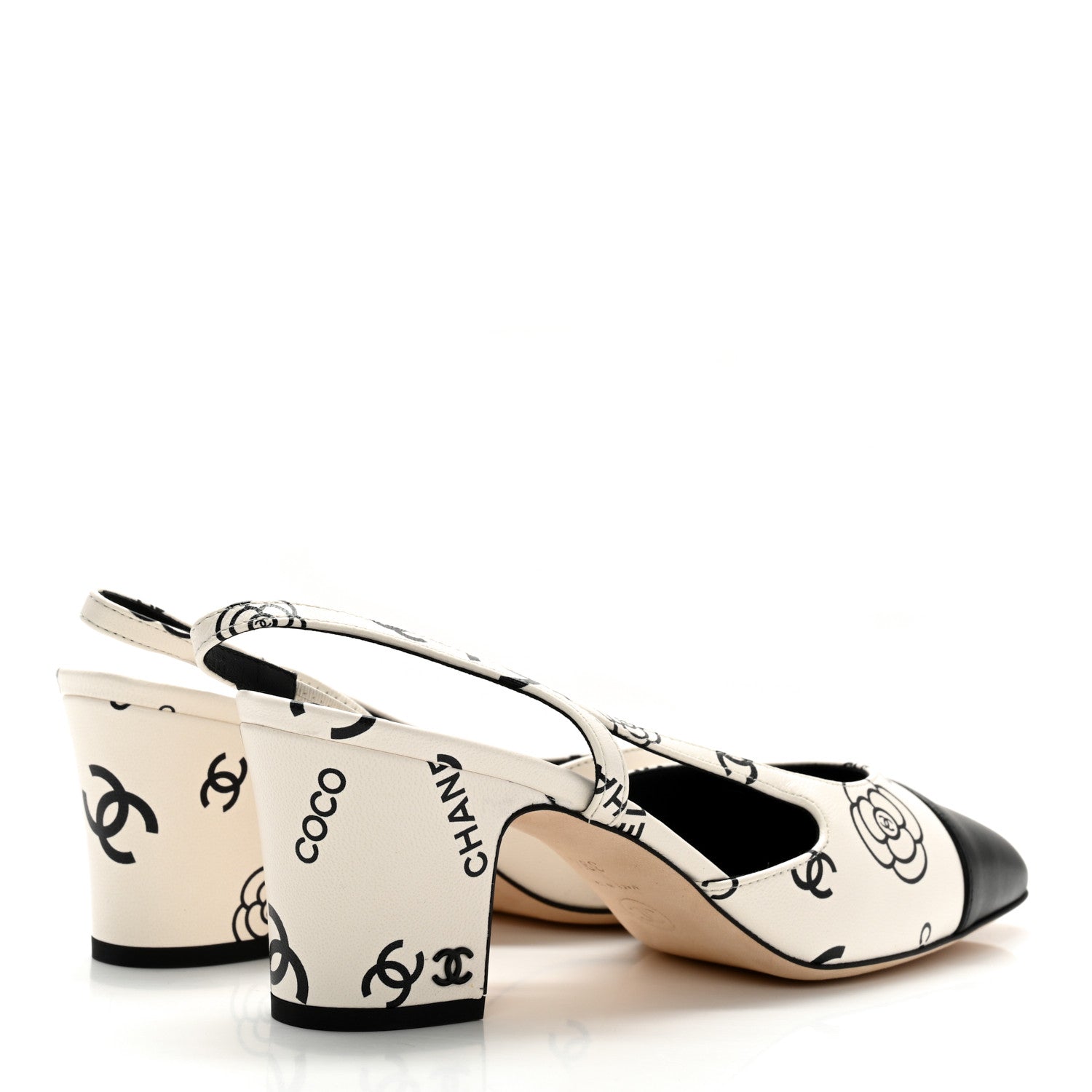 Chanel Printed Lambskin Cap Toe CC Slingback Pumps 39.5 Black White 4 of 14