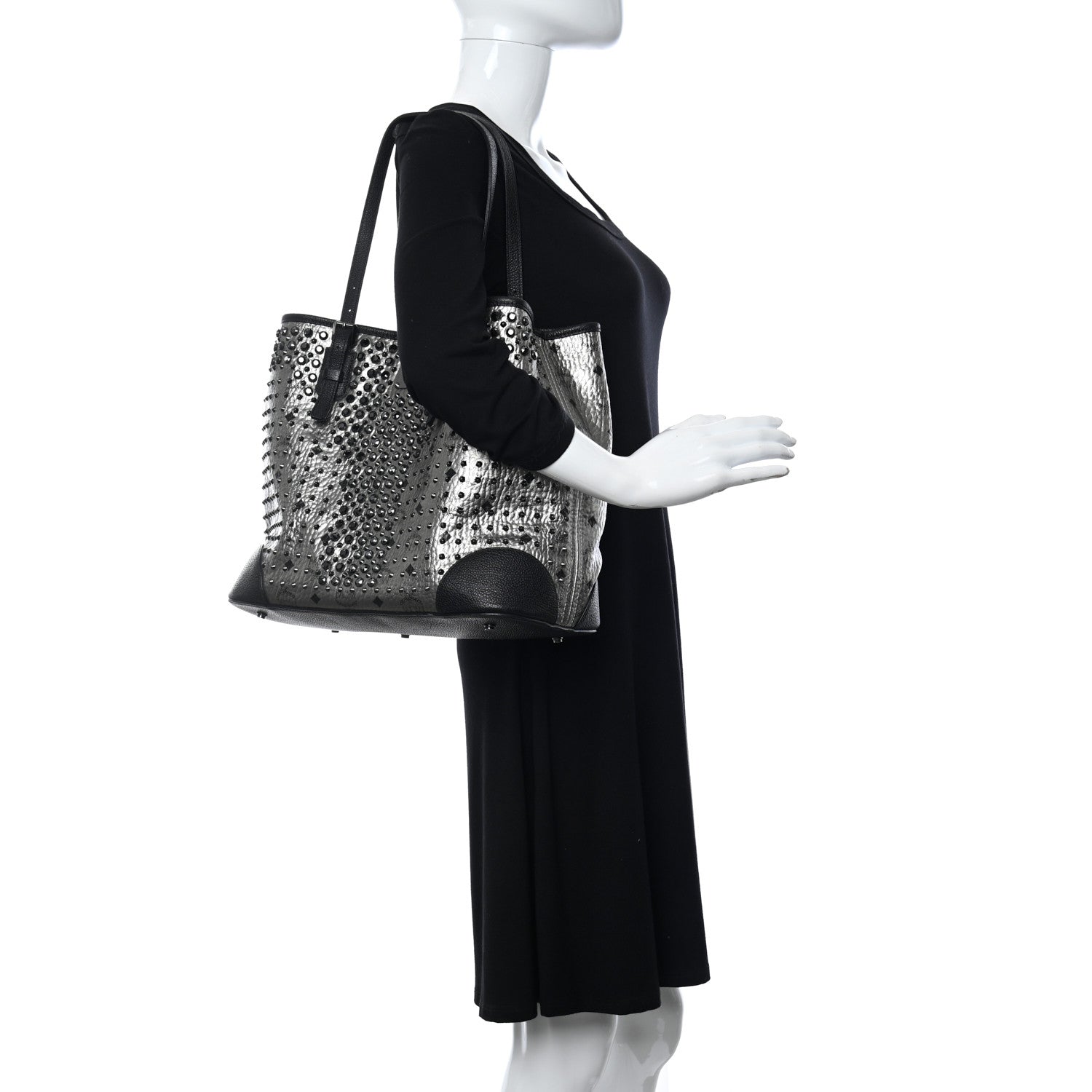 MCM Visetos Swarovski Crystal Shopper Tote Silver 2 of 15