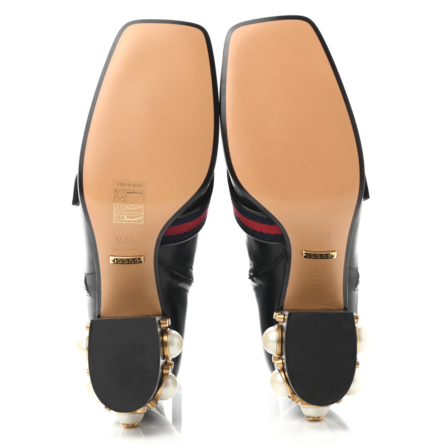 Gucci Betis Glamour Calfskin Web Pearl Embellished Peyton 75mm Ankle Boots 37.5 Black 5 of 8