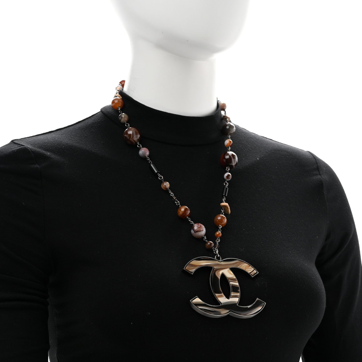 Chanel Agate Beaded Oversized CC Pendant Necklace 2 of 6