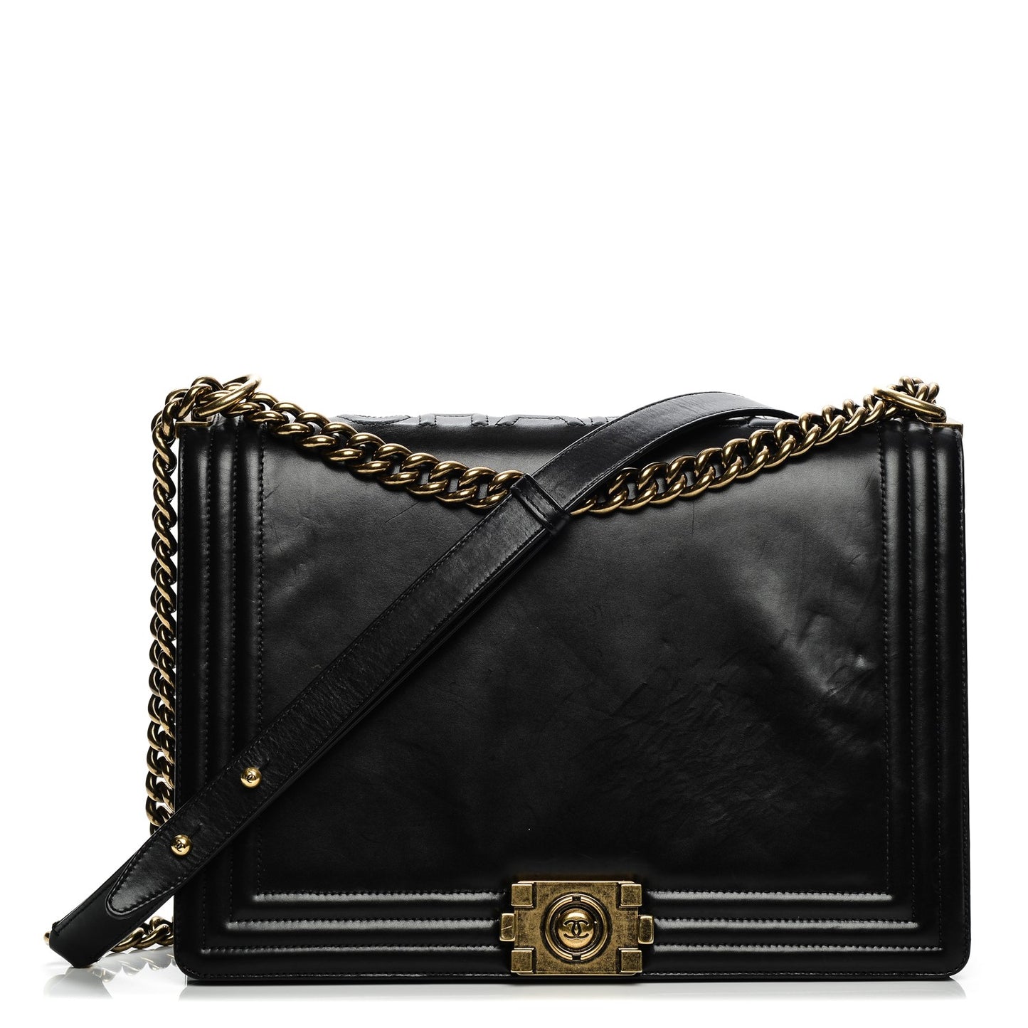 Glazed Calfskin Large Boy Flap Black