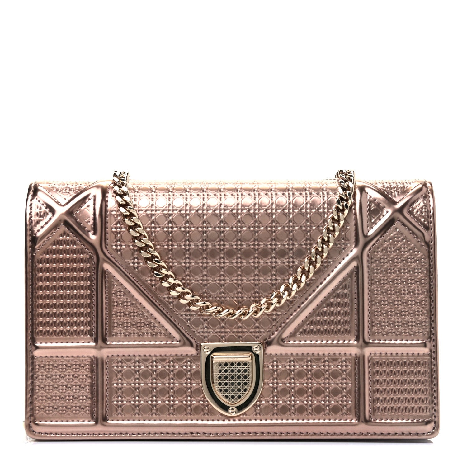 Christian Dior Metallic Patent Micro-Cannage Diorama Wallet on Chain Pouch Gold 1 of 4