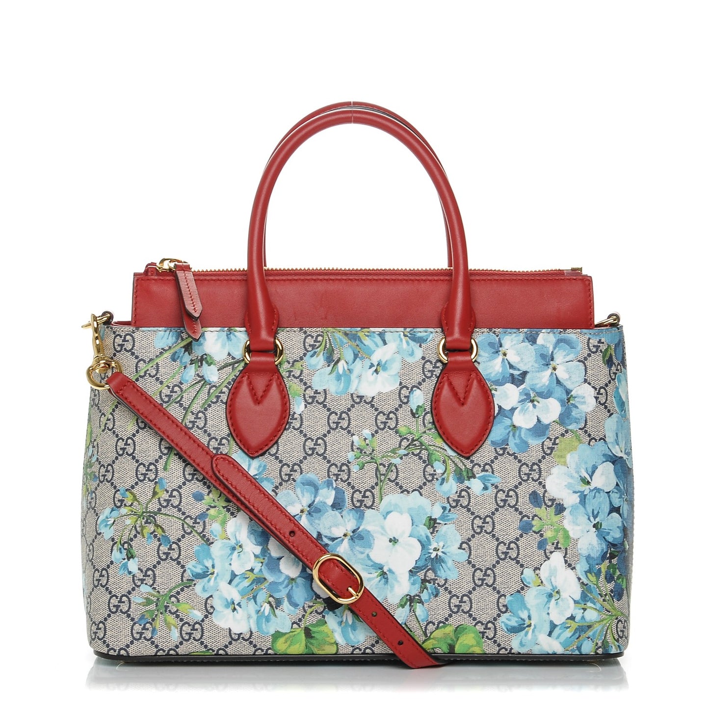 GG Supreme Monogram Blooms Small Zip Top Tote Beige Blue Navy Hibiscus Red