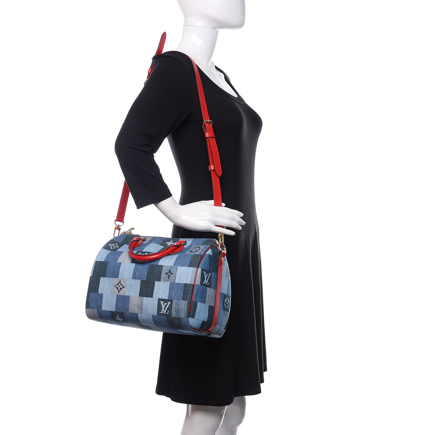 Louis Vuitton Denim Damier Monogram Patchwork Speedy Bandouliere 30 Blue Rouge 2 of 12