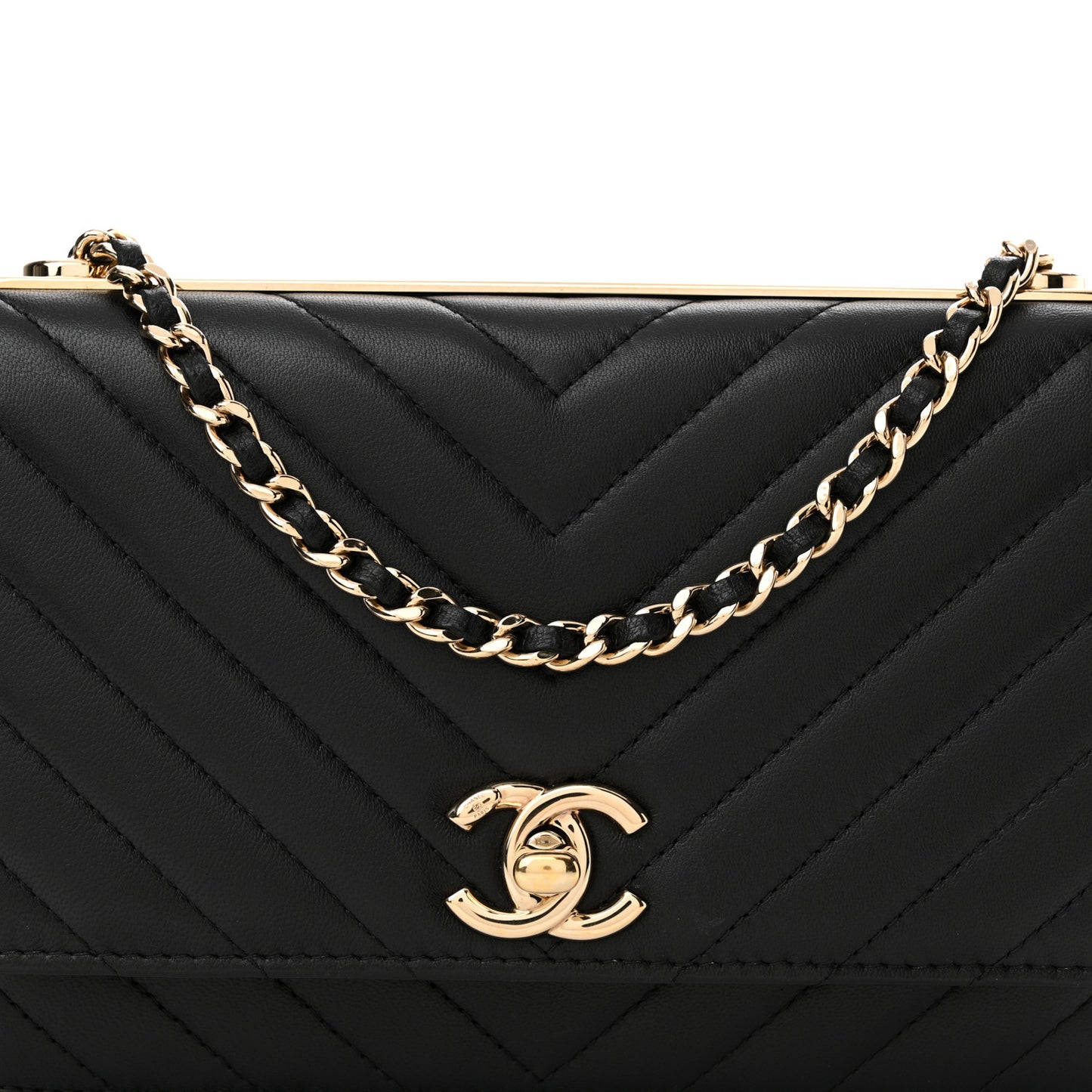 Lambskin Chevron Quilted Trendy CC Wallet On Chain WOC Black
