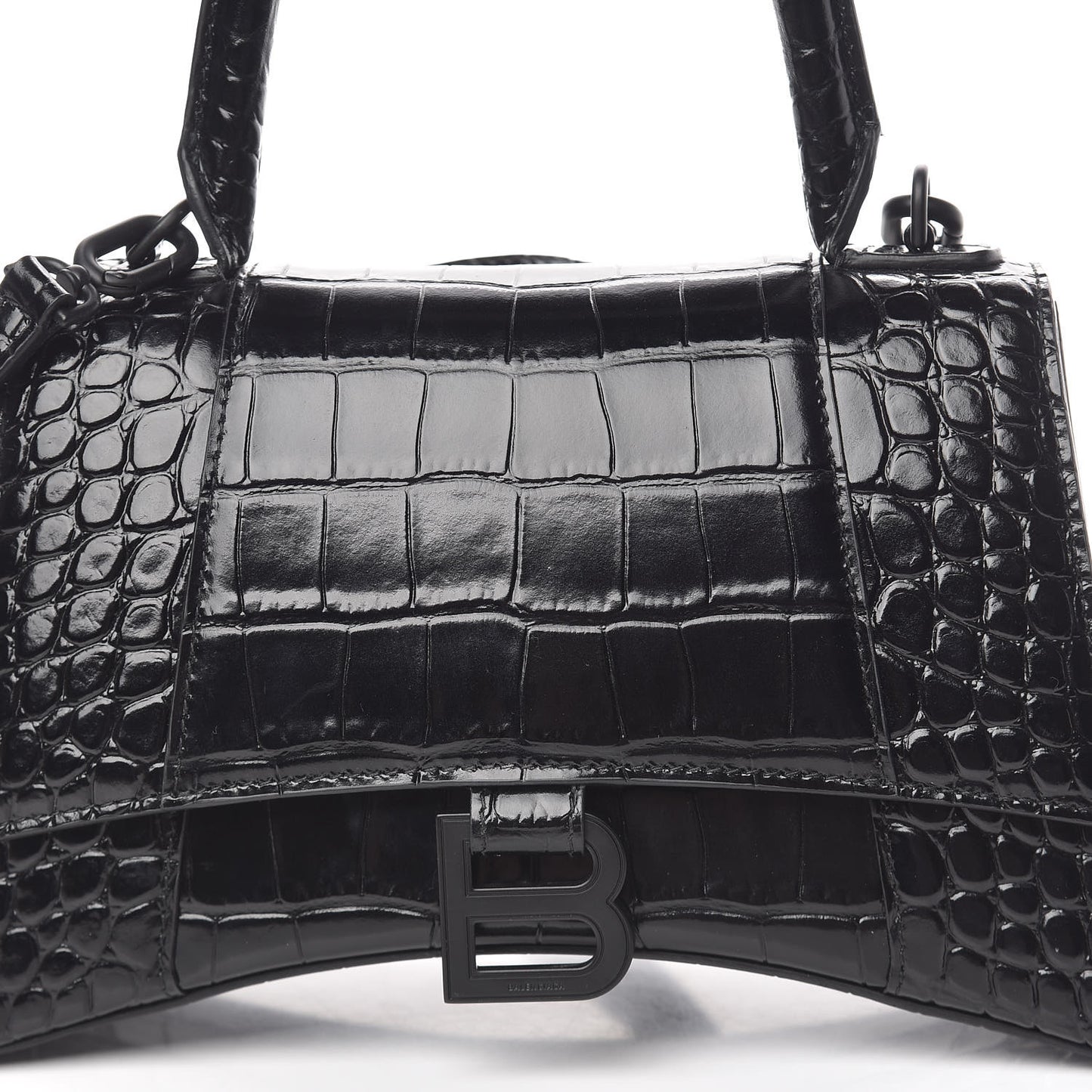 Shiny Calfskin Monochrome Crocodile Embossed Small Hourglass Top Handle Bag Black