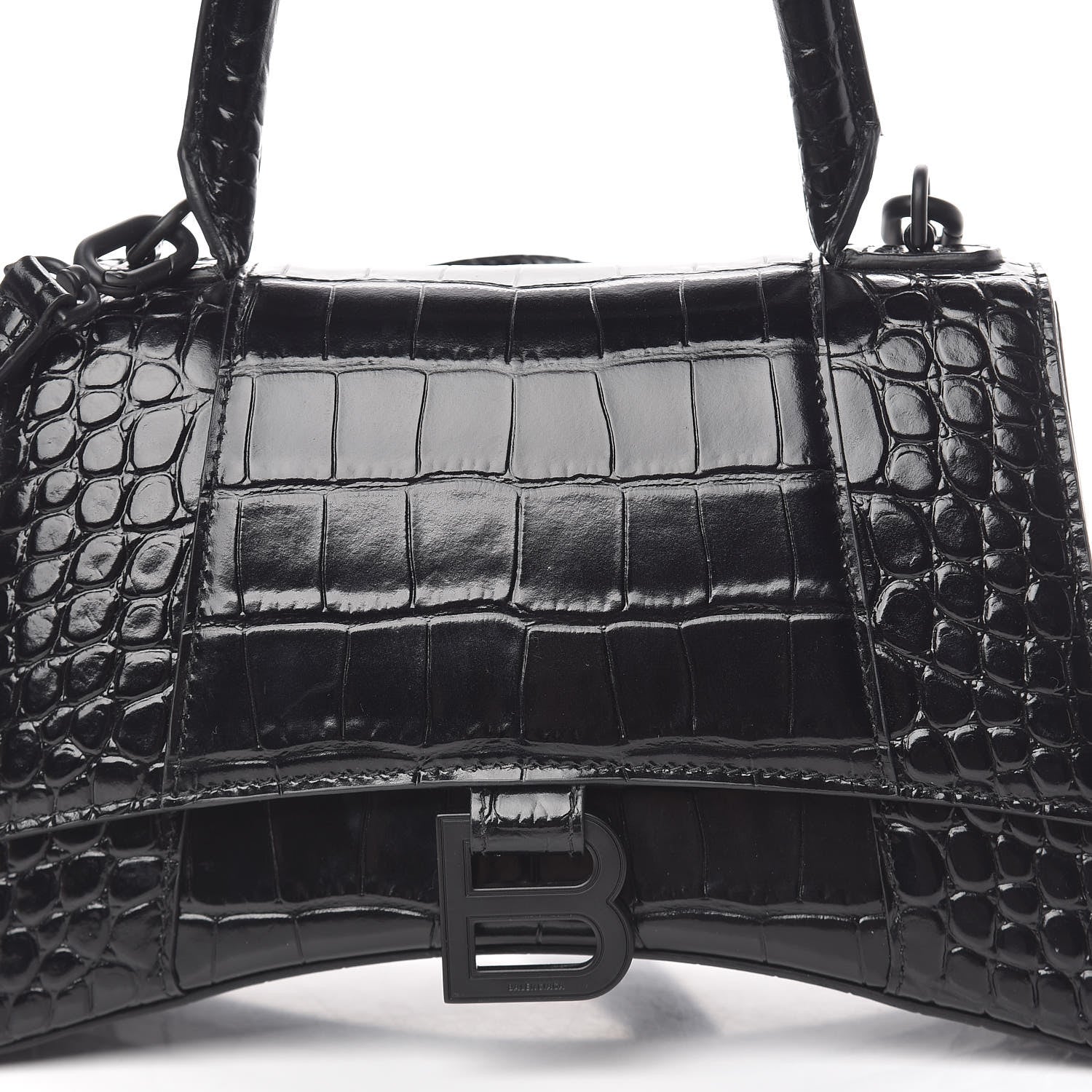 Balenciaga Shiny Calfskin Monochrome Crocodile Embossed Small Hourglass Top Handle Bag Black 8 of 12