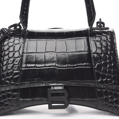 Balenciaga Shiny Calfskin Monochrome Crocodile Embossed Small Hourglass Top Handle Bag Black 8 of 12