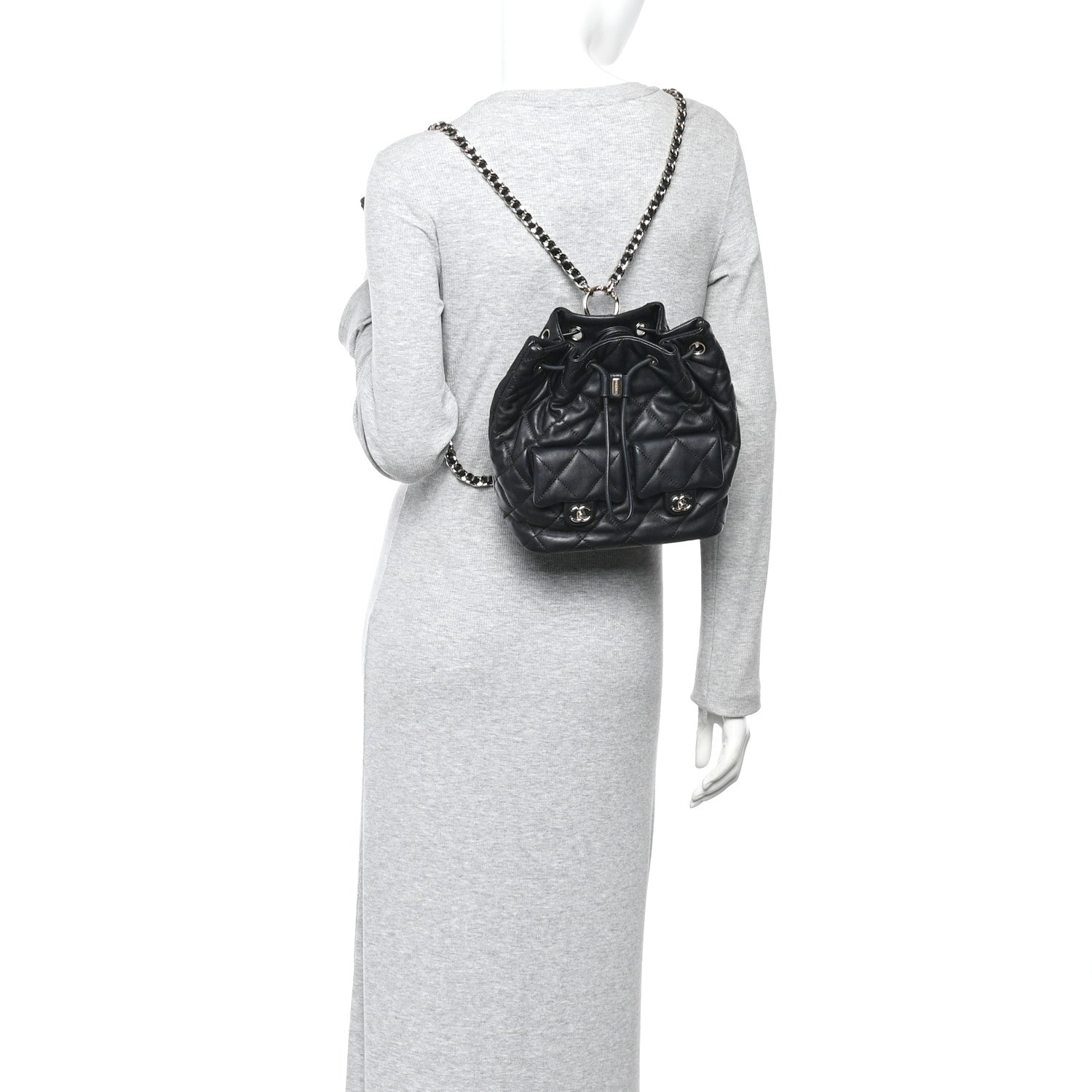 Chanel Lambskin Quilted Double Pocket Drawstring Backpack Black 2 of 10