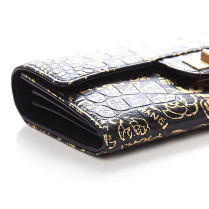 Chanel Calfskin Crocodile Embossed Graffiti 2.55 Cocodile Reissue Long Flap Black Gold 8 of 10