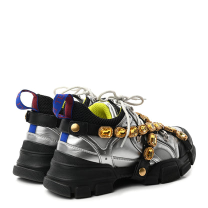 Gucci X SEGA Metallic Calfskin Mesh Removable Crystals Womens Flashtrek Sneakers 38 Silver Black 4 of 10