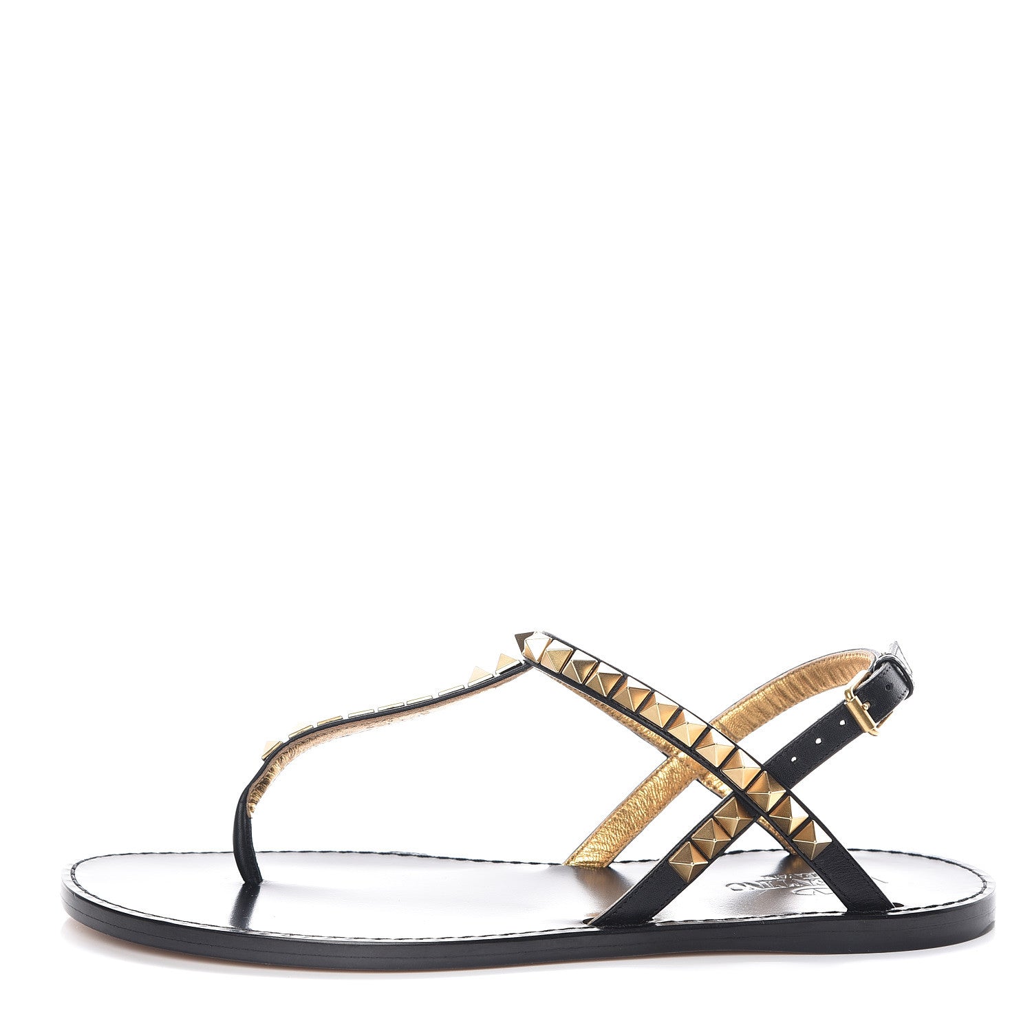 Valentino Garavani Calfskin Rockstud No Limit Slingback Flat Thong Sandals 36.5 Black Gold 1 of 7