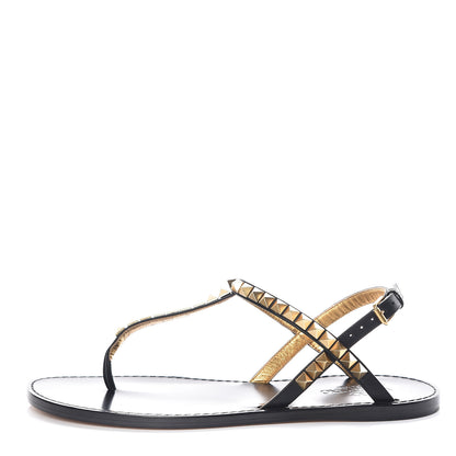 Valentino Garavani Calfskin Rockstud No Limit Slingback Flat Thong Sandals 36.5 Black Gold 1 of 7