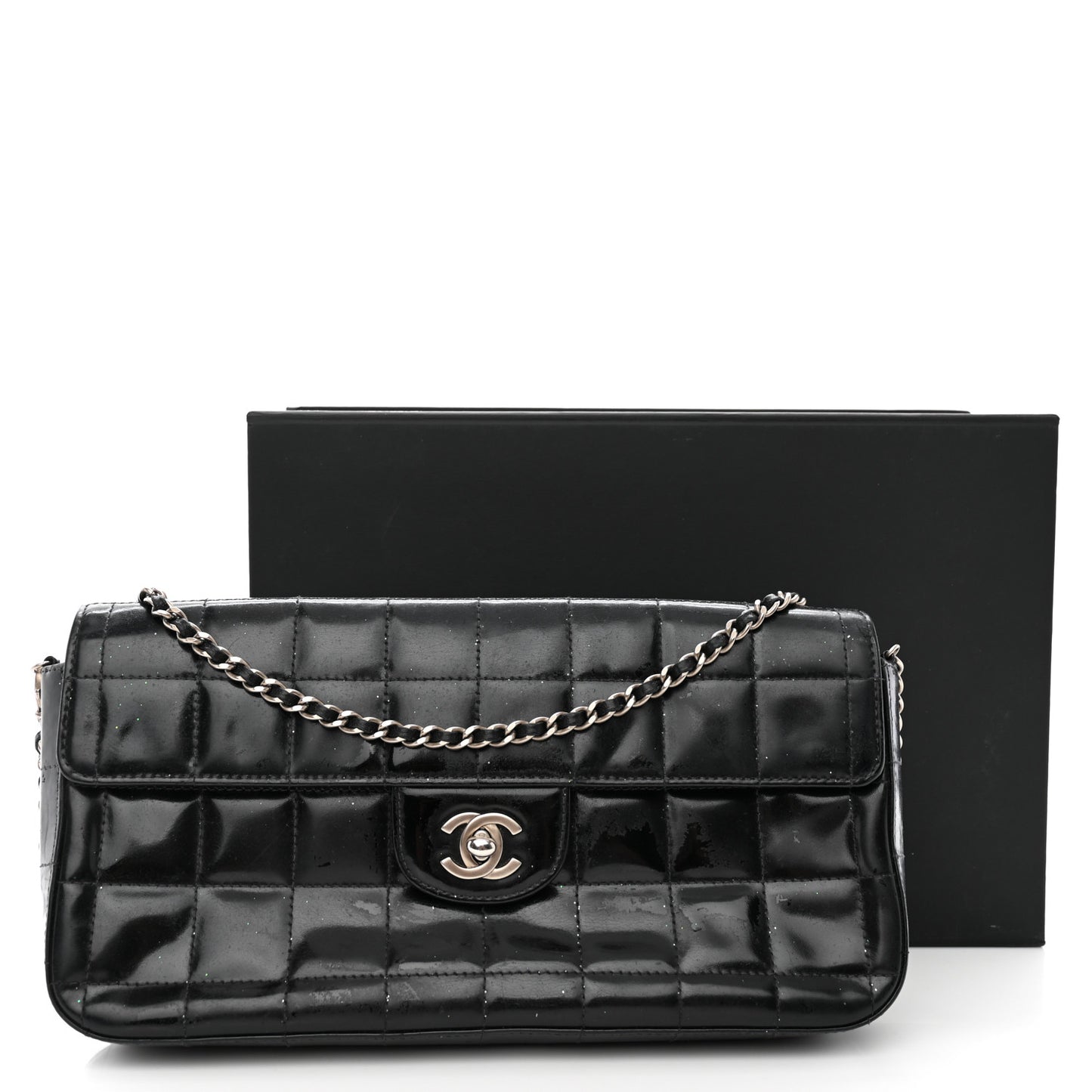 Patent Quilted East West Chocolate Bar Flap Black