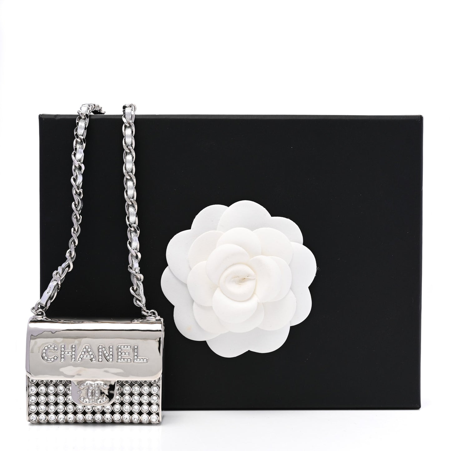 Metal Lambskin Strass Crystal Purse CC Long Necklace Silver