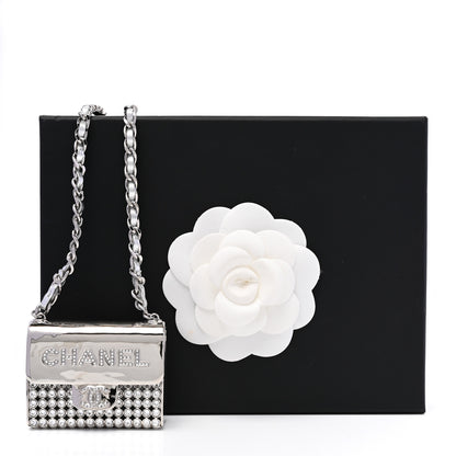 Chanel Metal Lambskin Strass Crystal Purse CC Long Necklace Silver 3 of 6