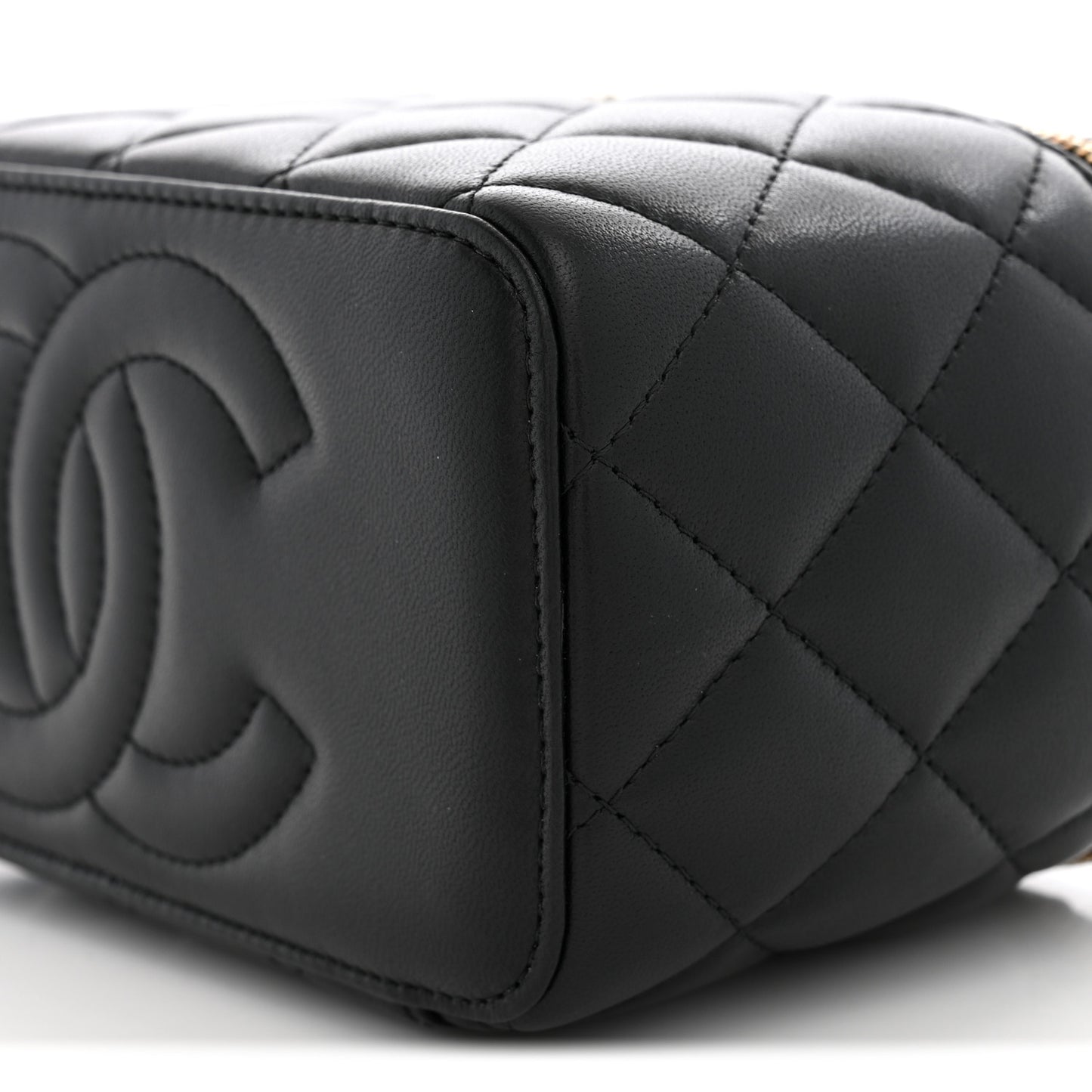 Lambskin Quilted Trendy Small Top Handle Vanity Case With Chain Black
