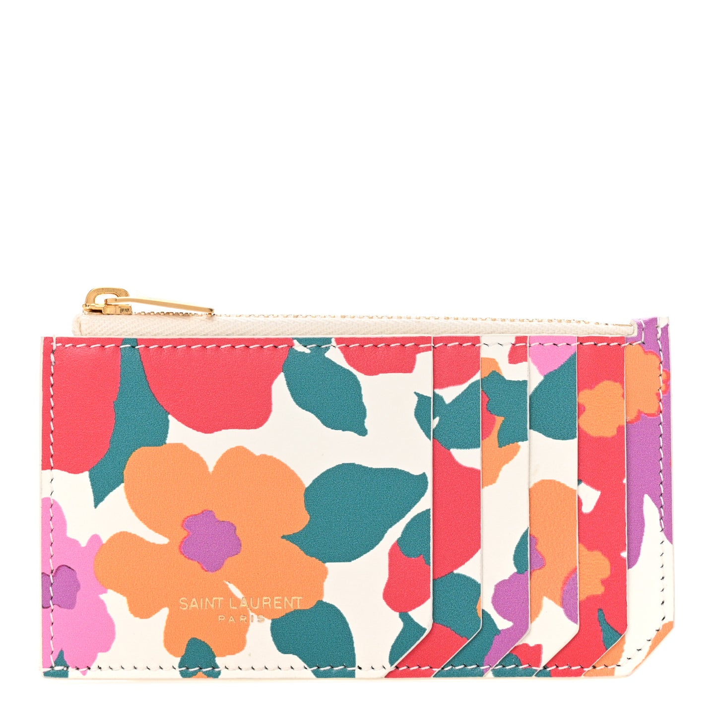Calfskin Floral Print Monogram 5 Fragments Zip Pouch Card Holder Multicolor