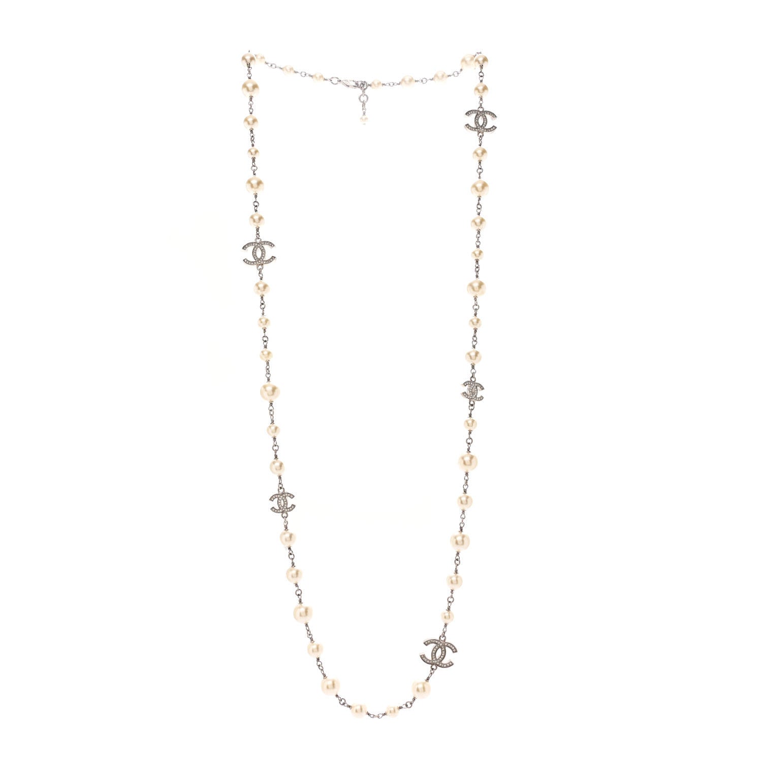 Chanel Crystal Pearl CC Long Necklace Silver 3 of 7