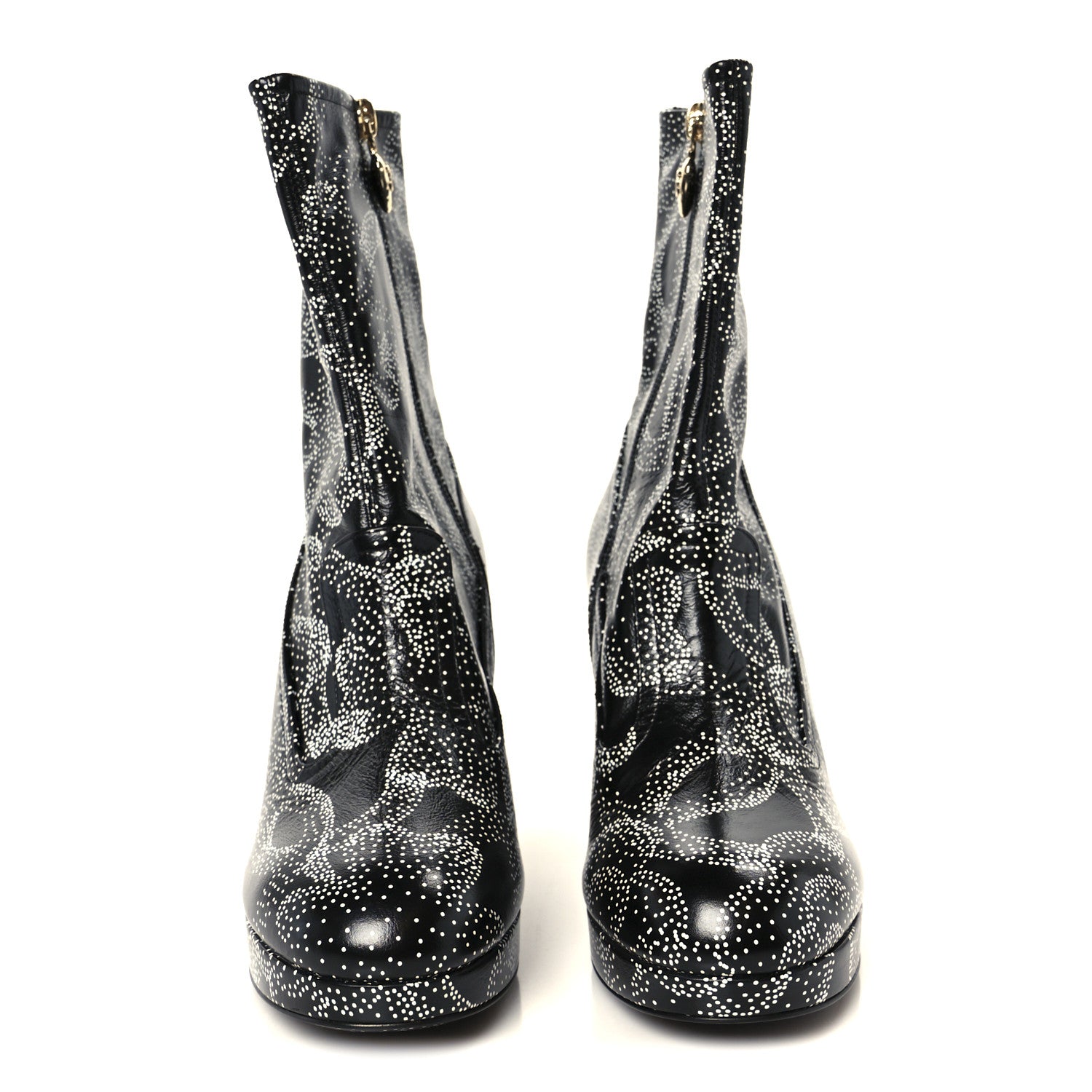 Chanel Calfskin Camellia Printed Ankle Boots 39 Black White 3 of 10
