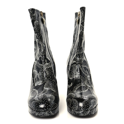Chanel Calfskin Camellia Printed Ankle Boots 39 Black White 3 of 10