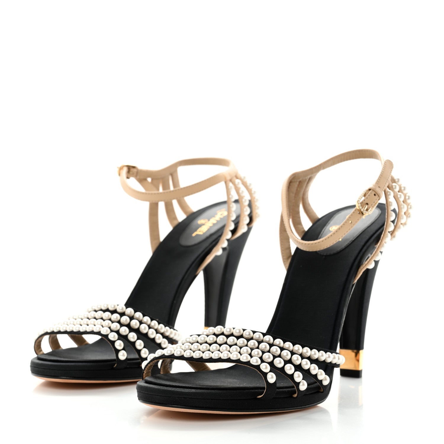 Chanel Lambskin Pearl Embellished Sandals 42 Black Beige 3 of 8